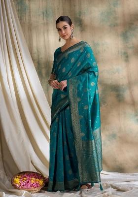 Sky Blue Motif Silk Saree Set