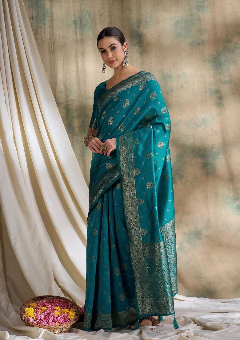Sky Blue Motif Silk Blend Saree Set - Indya