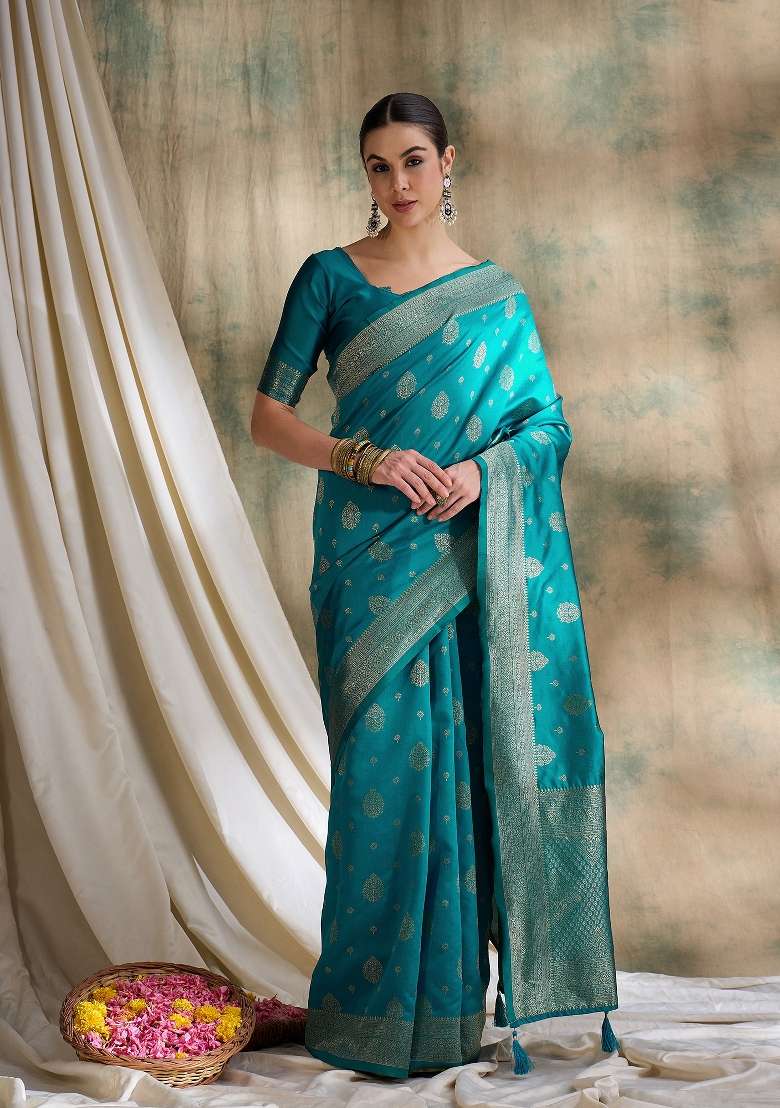 Sky Blue Motif Silk Blend Saree Set - Indya