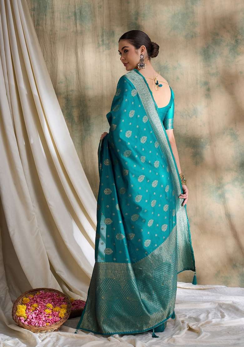 Sky Blue Motif Silk Blend Saree Set - Indya