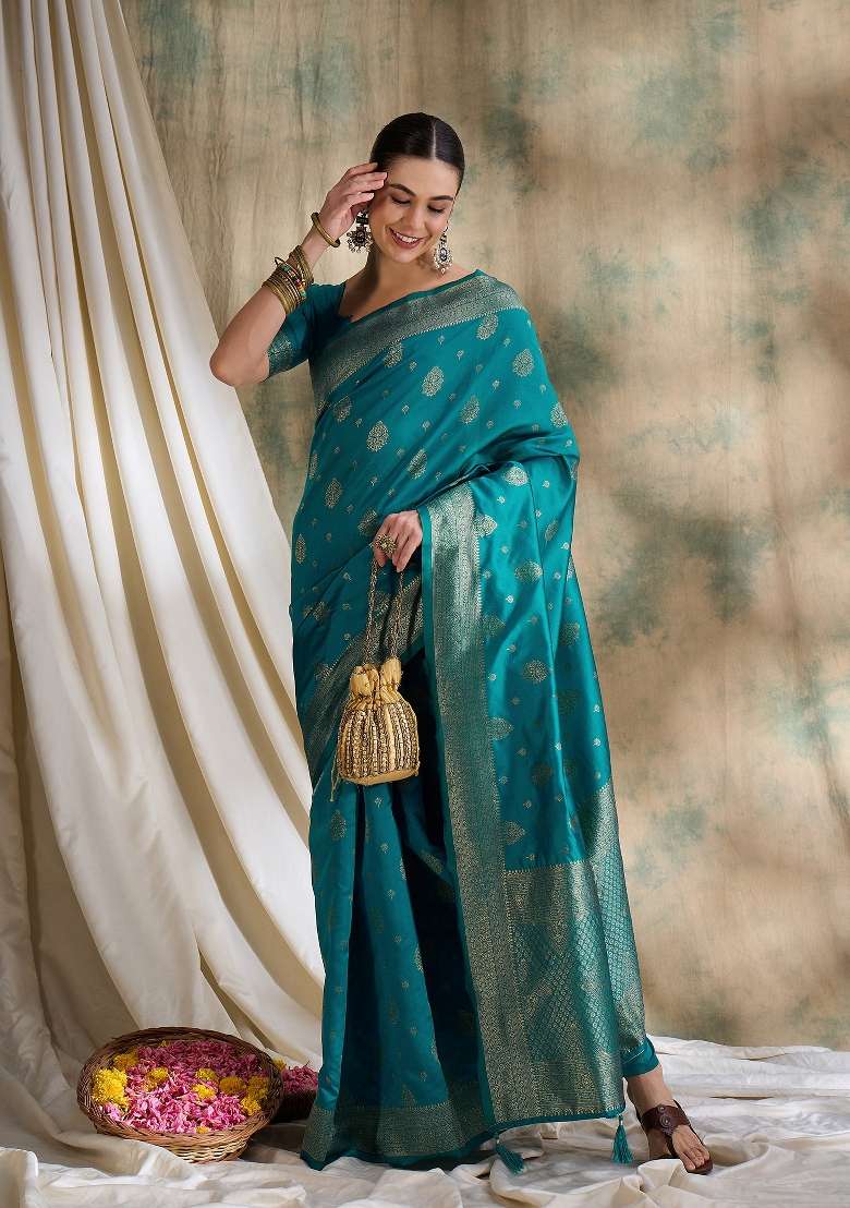 Sky Blue Motif Silk Blend Saree Set - Indya