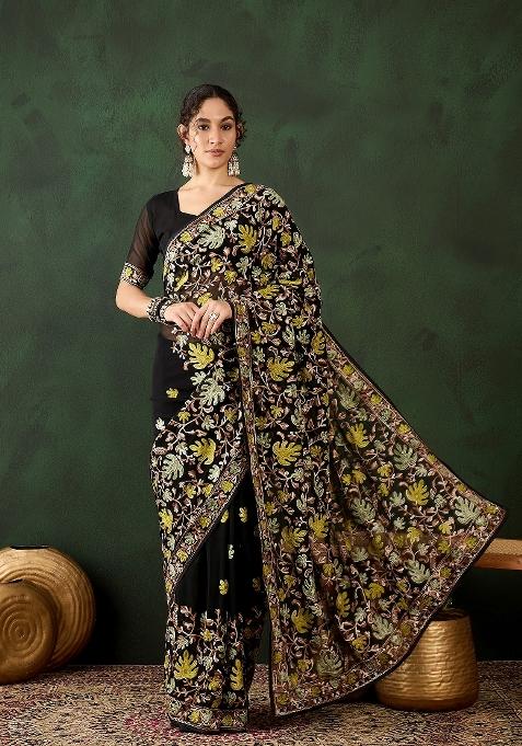 Black Embroidered Georgette Saree Set