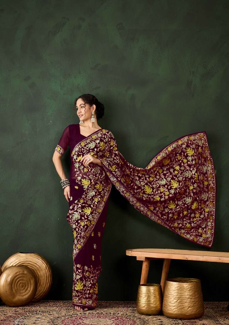 Burgundy Embroidered Georgette Saree Set - Indya