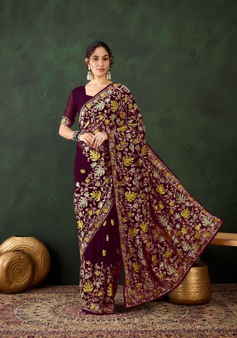 Burgundy Embroidered Georgette Saree Set - Indya
