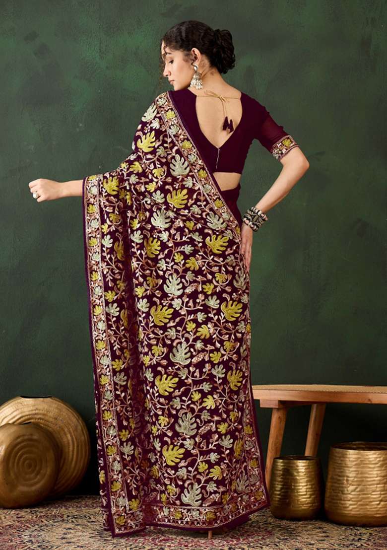 Burgundy Embroidered Georgette Saree Set - Indya