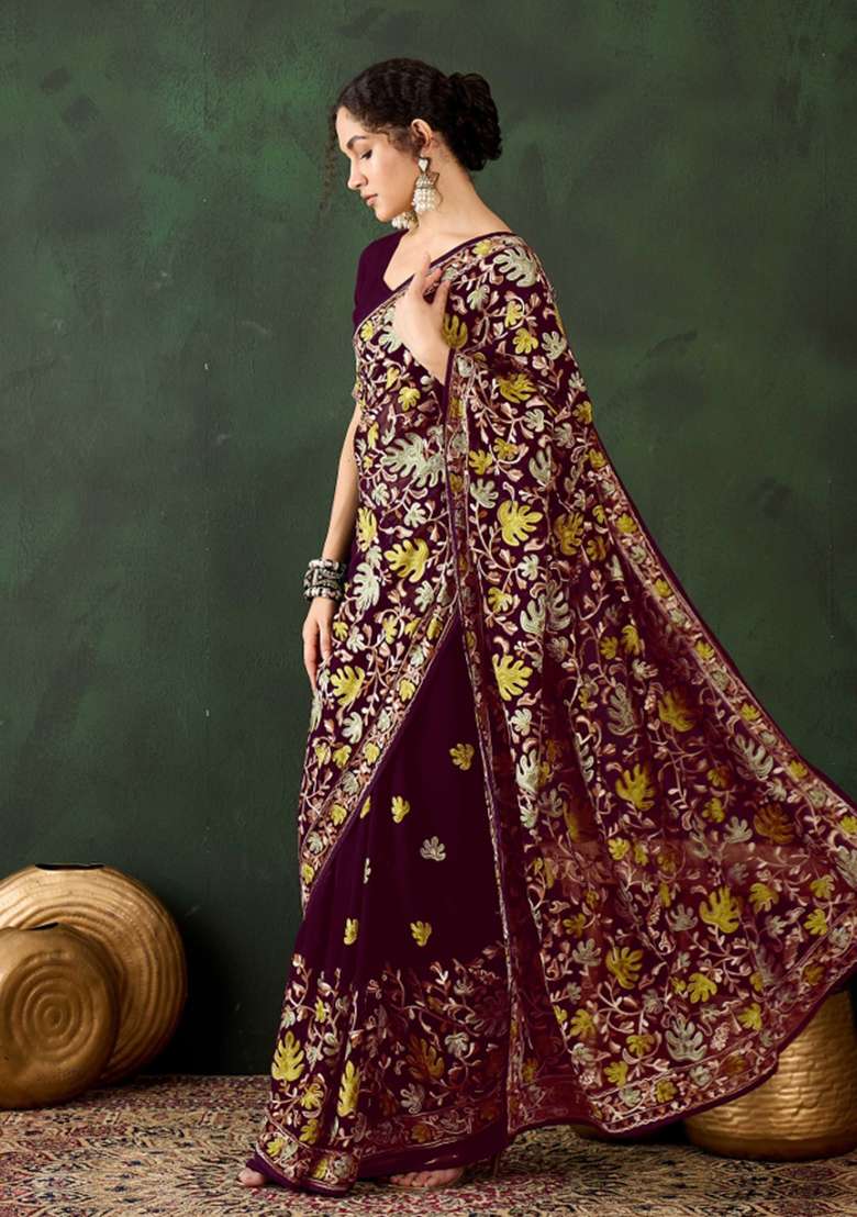 Burgundy Embroidered Georgette Saree Set - Indya