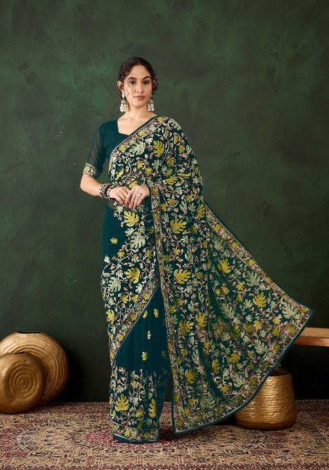 Teal Blue Embroidered Georgette Saree Set