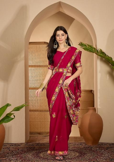 Wine Embroidered Georgette Saree Set