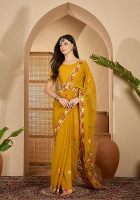 Mustard Yellow Embroidered Georgette Saree Set