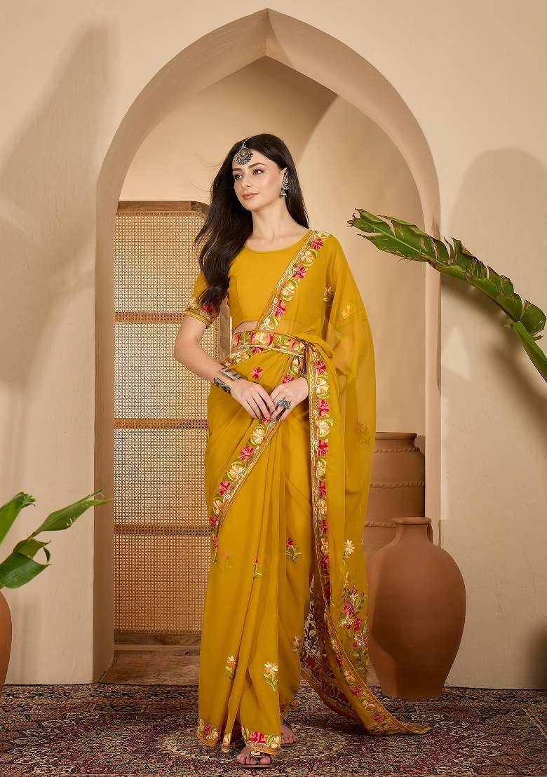 Mustard Yellow Embroidered Georgette Saree Set - Indya