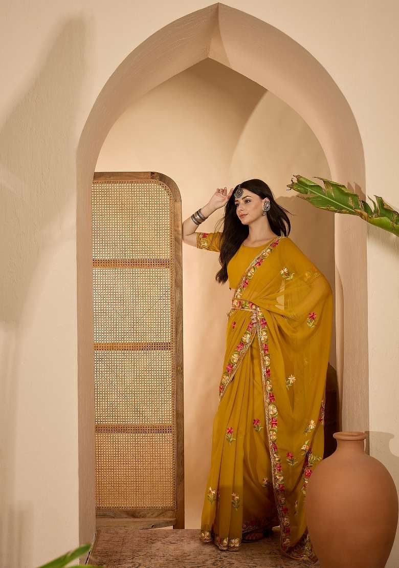 Mustard Yellow Embroidered Georgette Saree Set - Indya