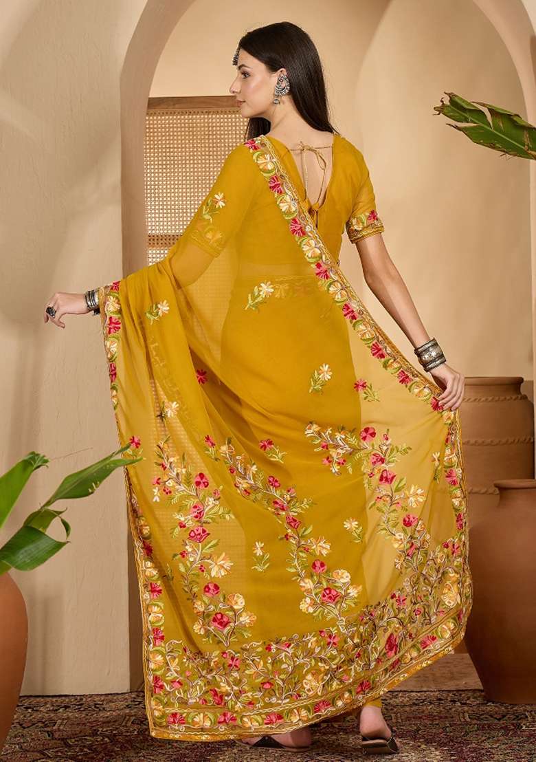 Mustard Yellow Embroidered Georgette Saree Set - Indya