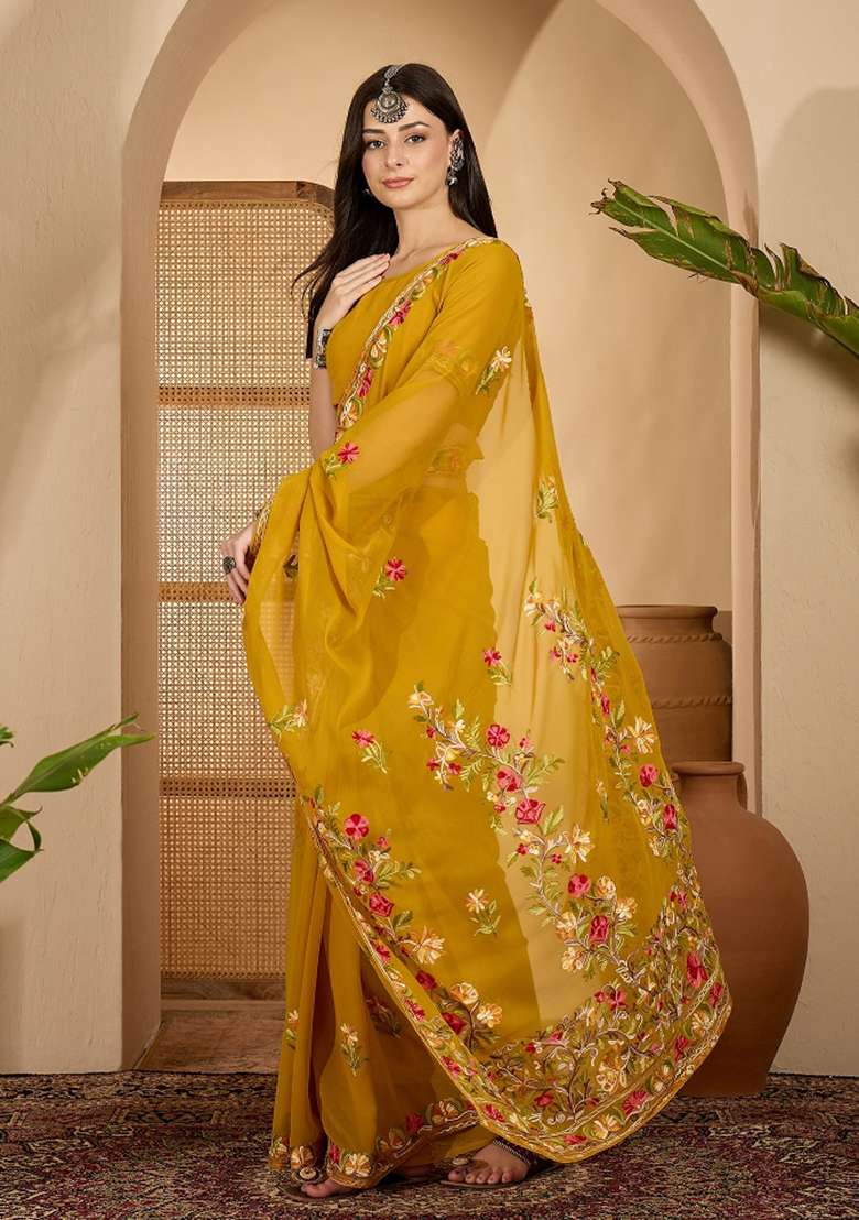 Mustard Yellow Embroidered Georgette Saree Set - Indya