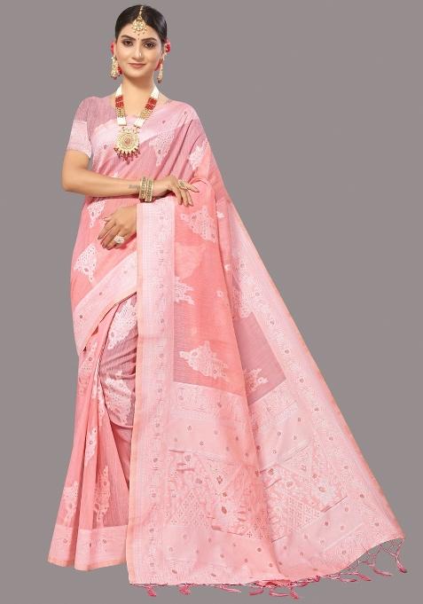 Baby Pink Motif Cotton Saree Set