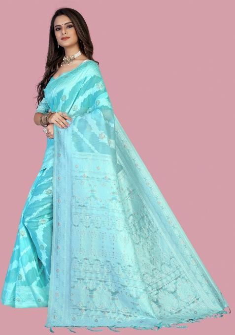 Sky Blue Motif Cotton Saree Set