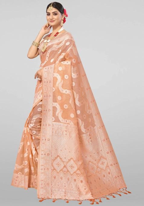 Light Peach Motif Cotton Saree Set