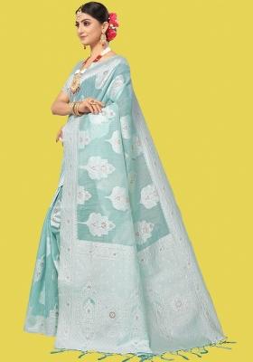 Light Blue Motif Cotton Saree Set