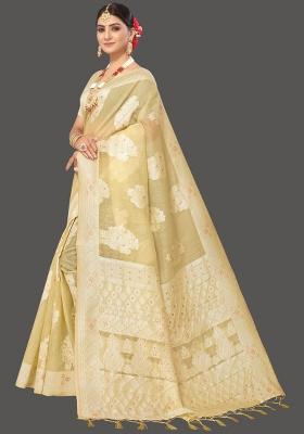 Light Beige Motif Cotton Saree Set