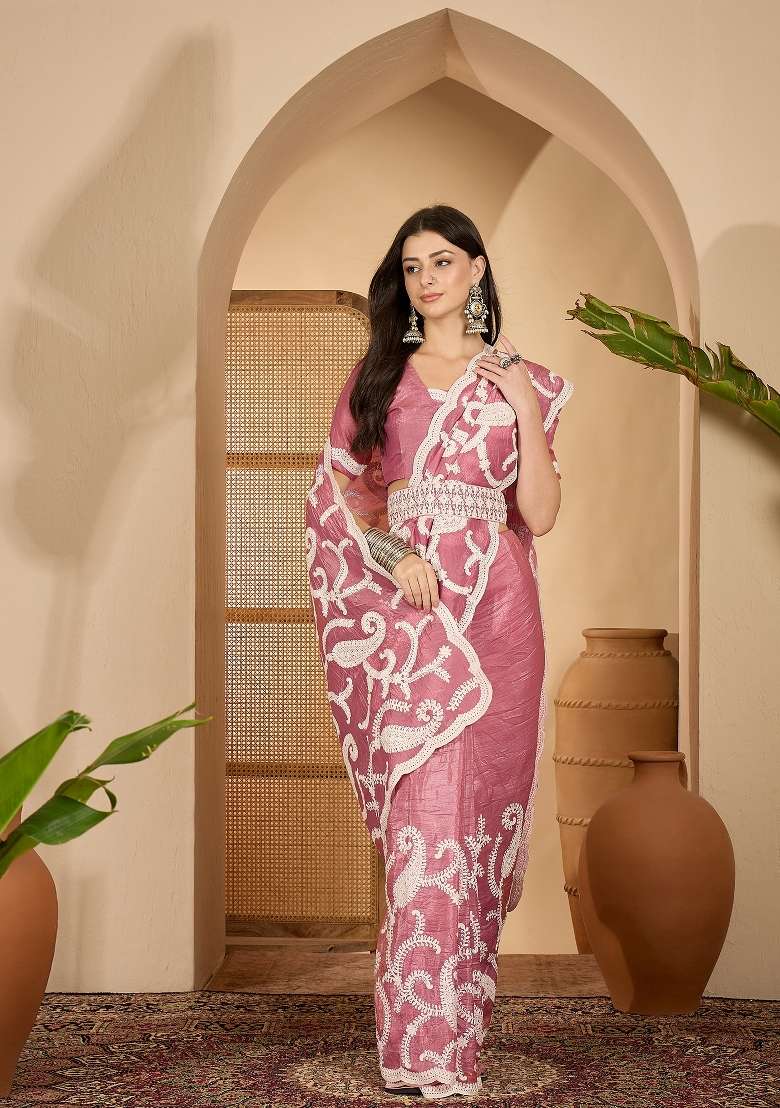 Pink Embroidered Tissue Saree Set - Indya