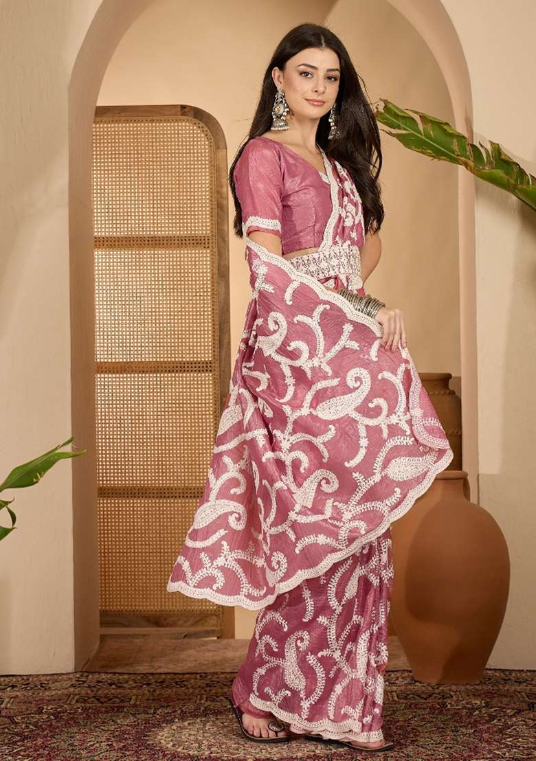 Pink Embroidered Tissue Saree Set - Indya