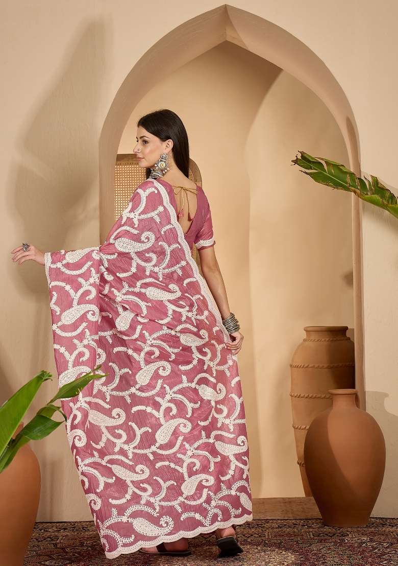 Pink Embroidered Tissue Saree Set - Indya