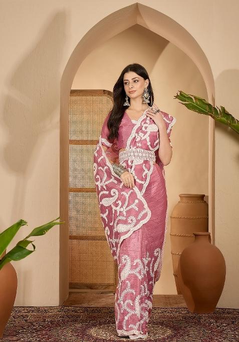 Pink Embroidered Tissue Saree Set