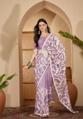 Lavender Embroidered Tissue Saree Set