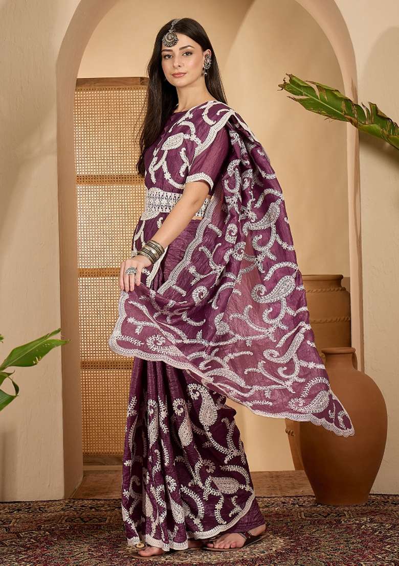 Purple Embroidered Tissue Saree Set - Indya