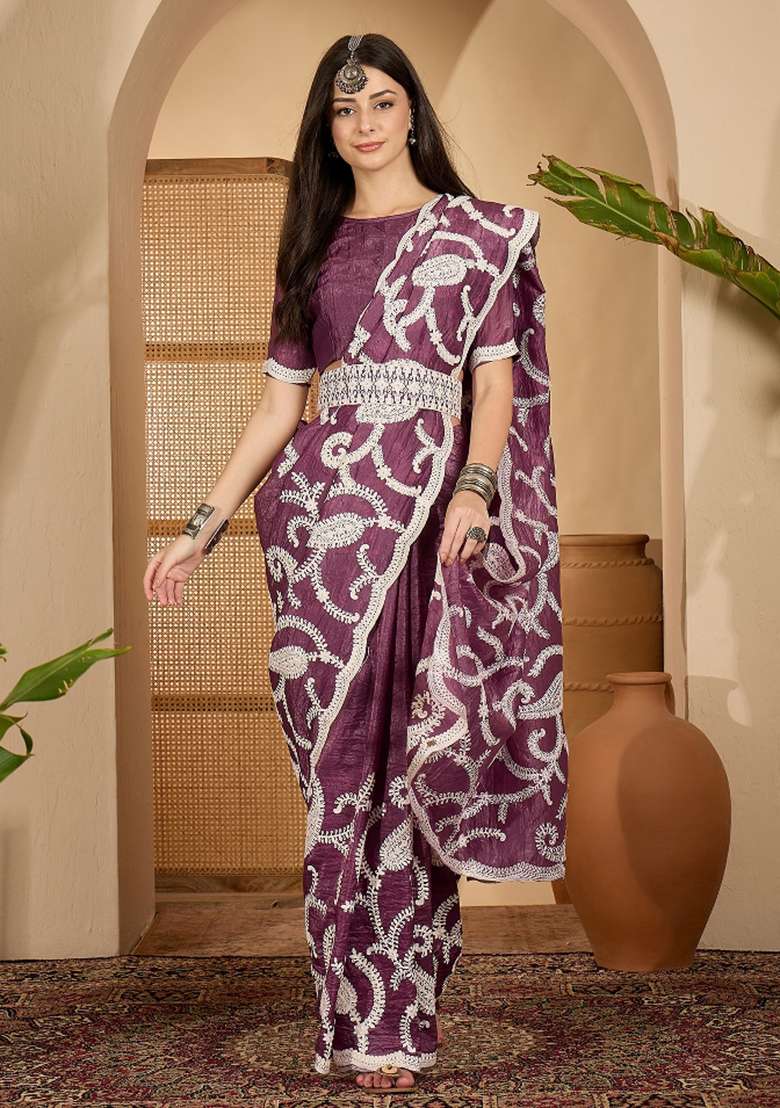 Purple Embroidered Tissue Saree Set - Indya
