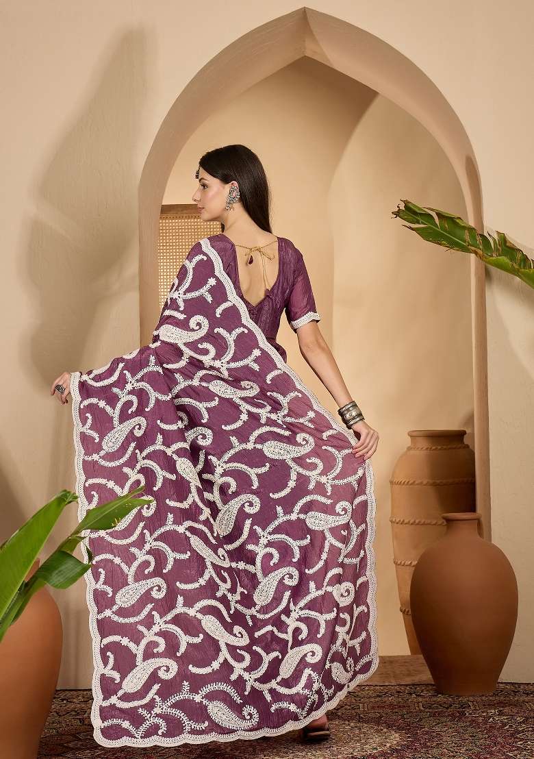 Purple Embroidered Tissue Saree Set - Indya