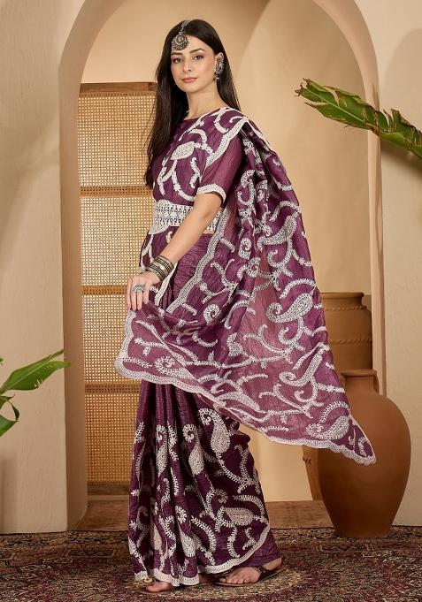 Purple Embroidered Tissue Saree Set
