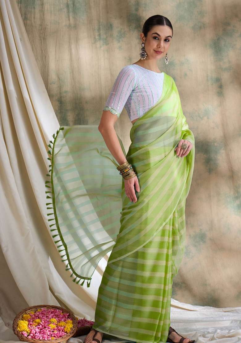 Pista Printed Silk Blend Saree Set - Indya