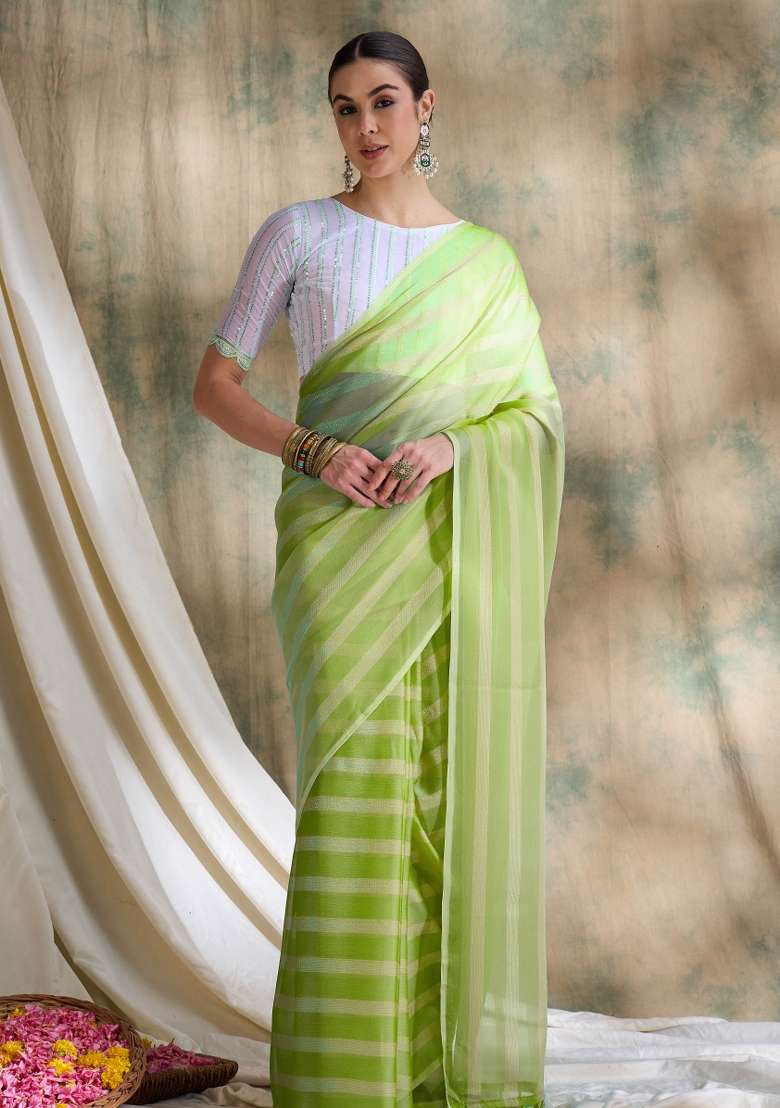 Pista Printed Silk Blend Saree Set - Indya