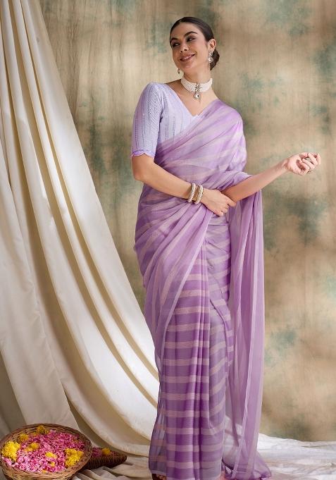 Lavender Printed Silk Saree Set