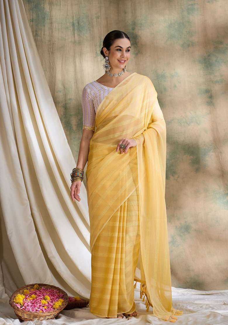 Yellow Printed Silk Blend Saree Set - Indya