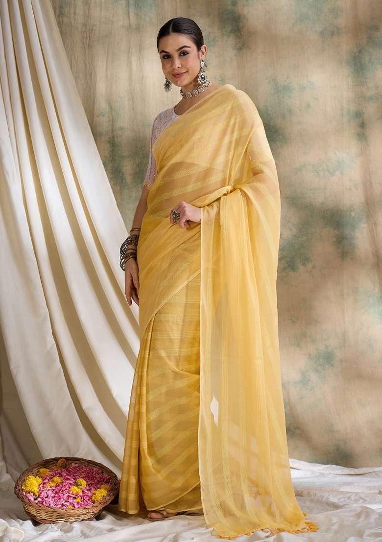 Yellow Printed Silk Blend Saree Set - Indya