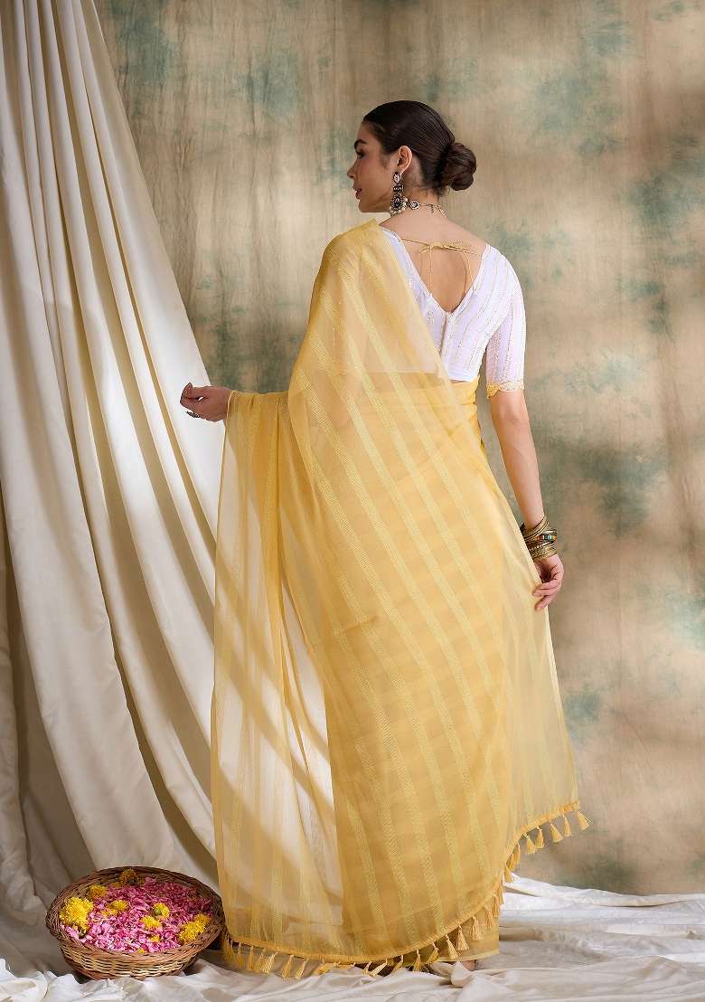 Yellow Printed Silk Blend Saree Set - Indya