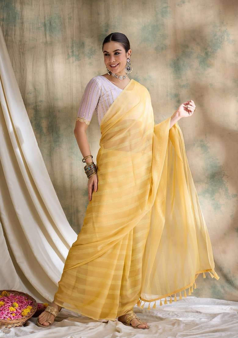 Yellow Printed Silk Blend Saree Set - Indya