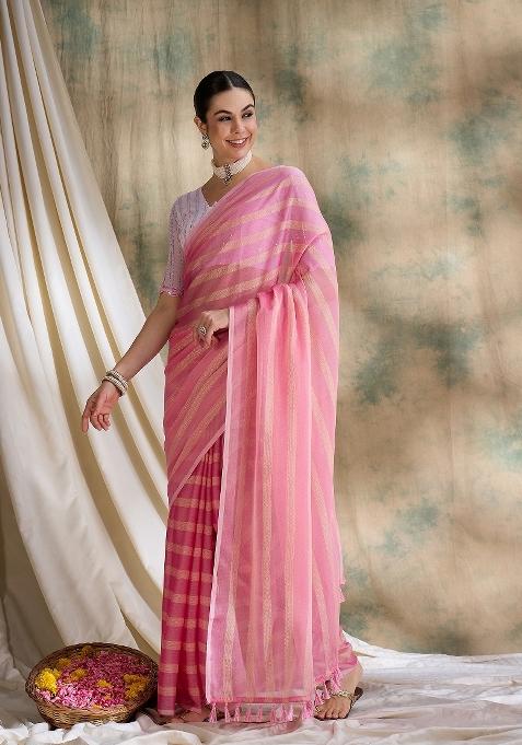 Pink Printed Silk Saree Set