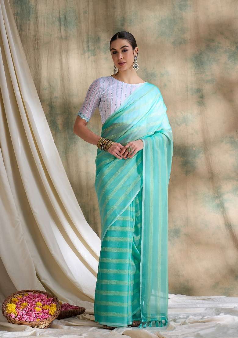 Sea Green Printed Silk Blend Saree Set - Indya