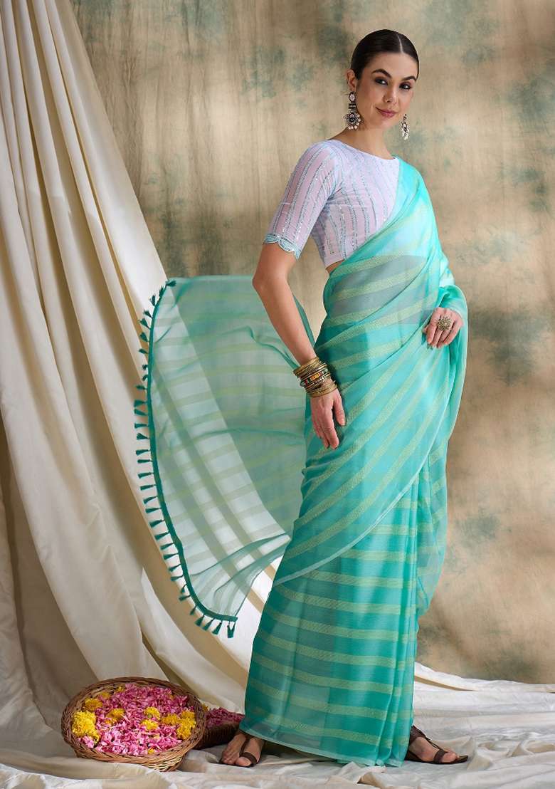 Sea Green Printed Silk Blend Saree Set - Indya