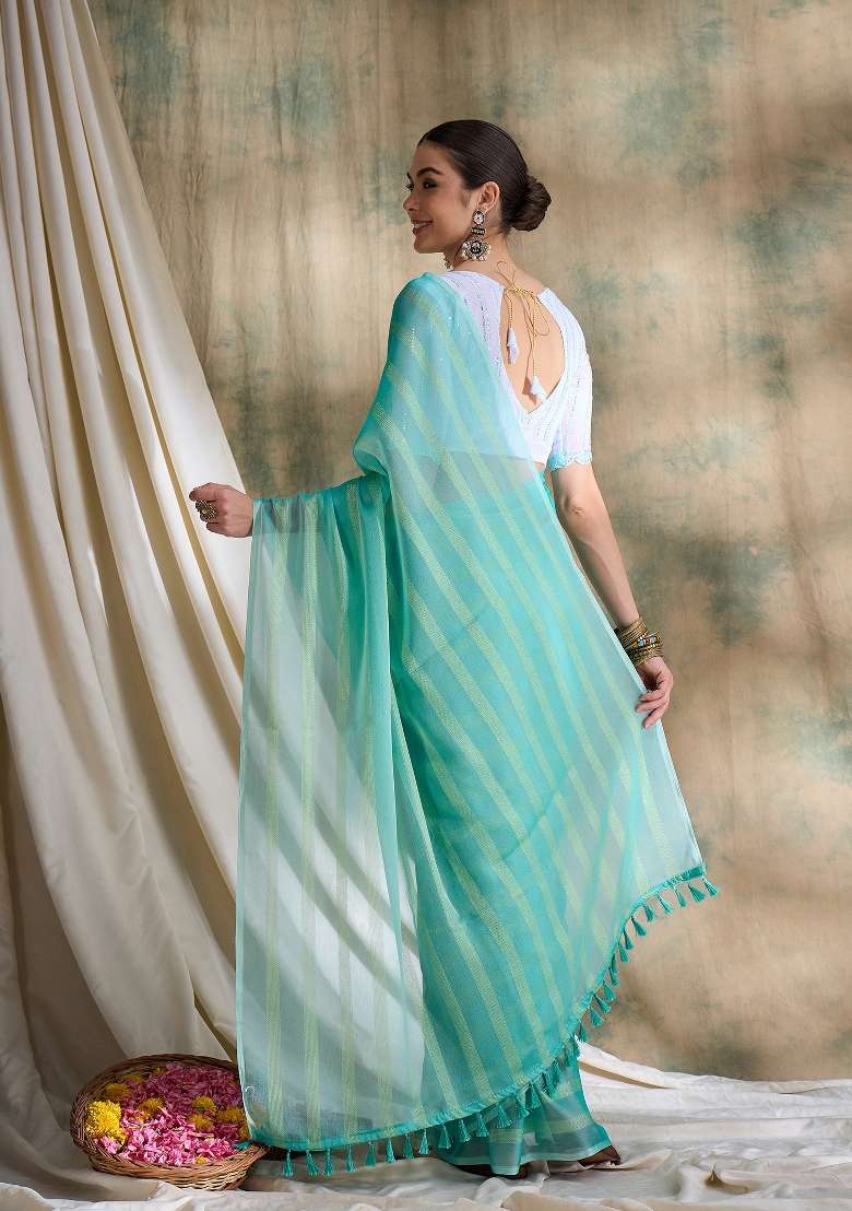 Sea Green Printed Silk Blend Saree Set - Indya