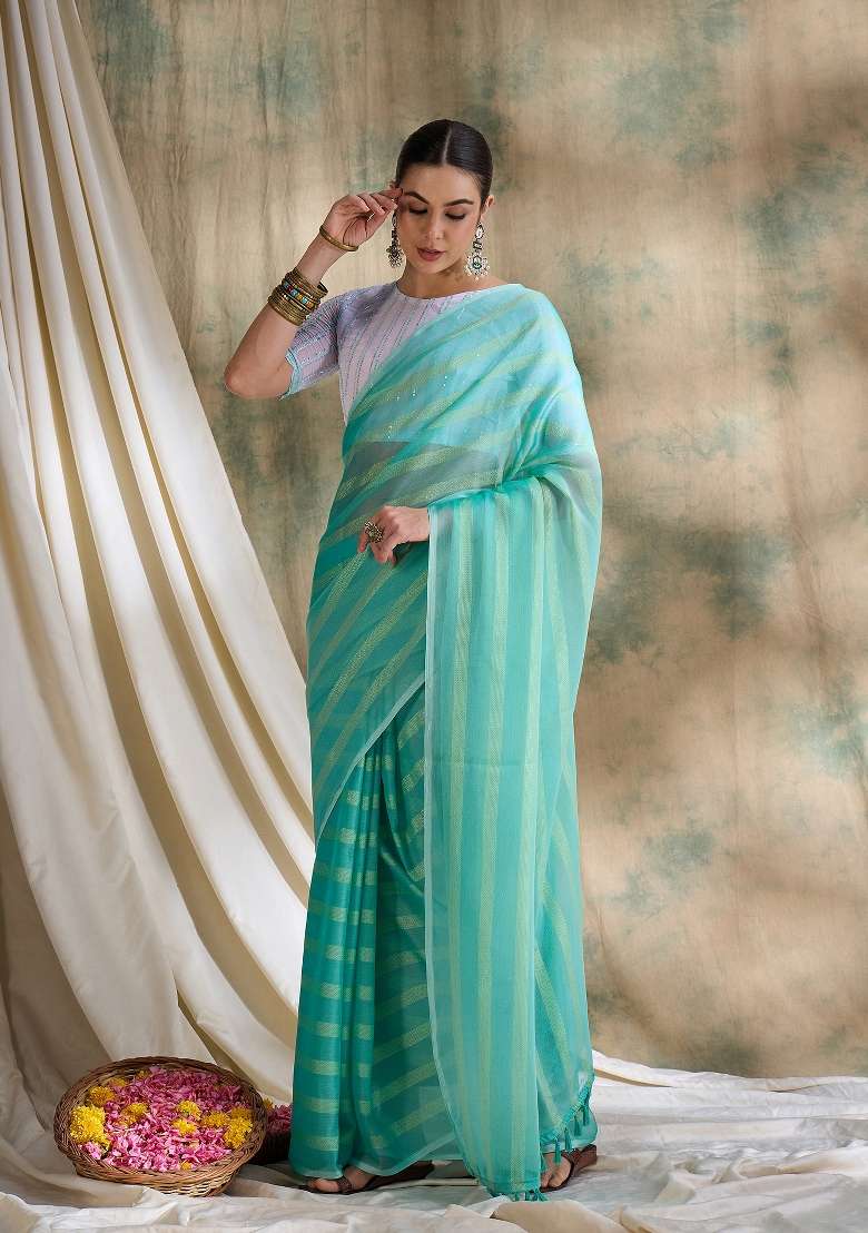 Sea Green Printed Silk Blend Saree Set - Indya