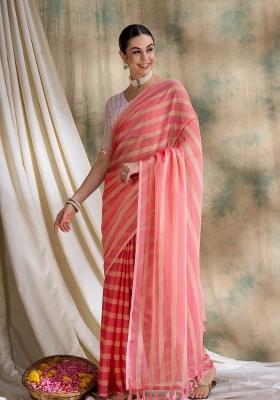 Peach Printed Silk Saree Set