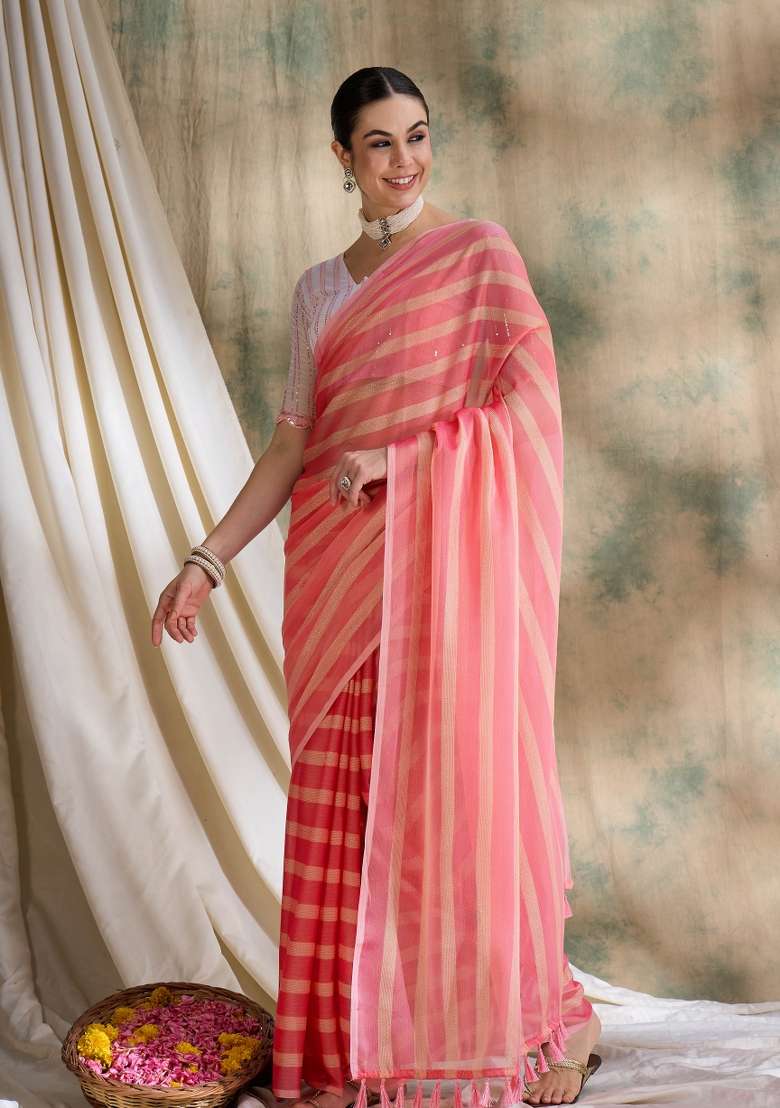 Peach Printed Silk Blend Saree Set - Indya