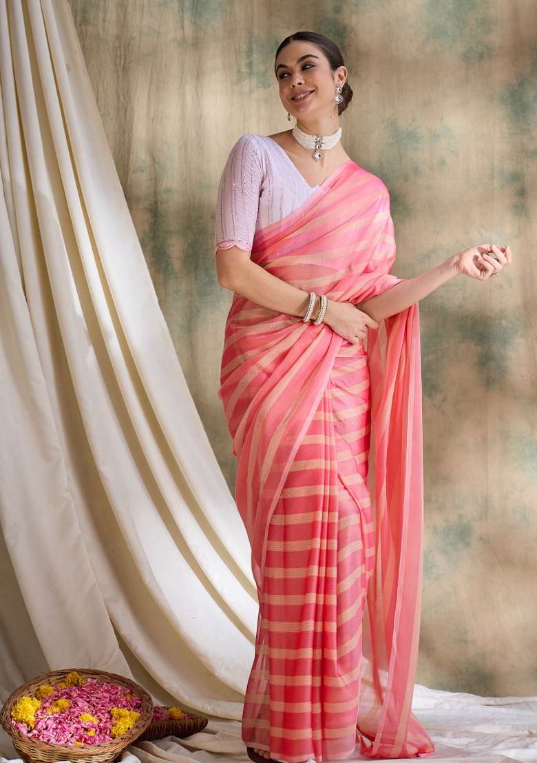 Peach Printed Silk Blend Saree Set - Indya