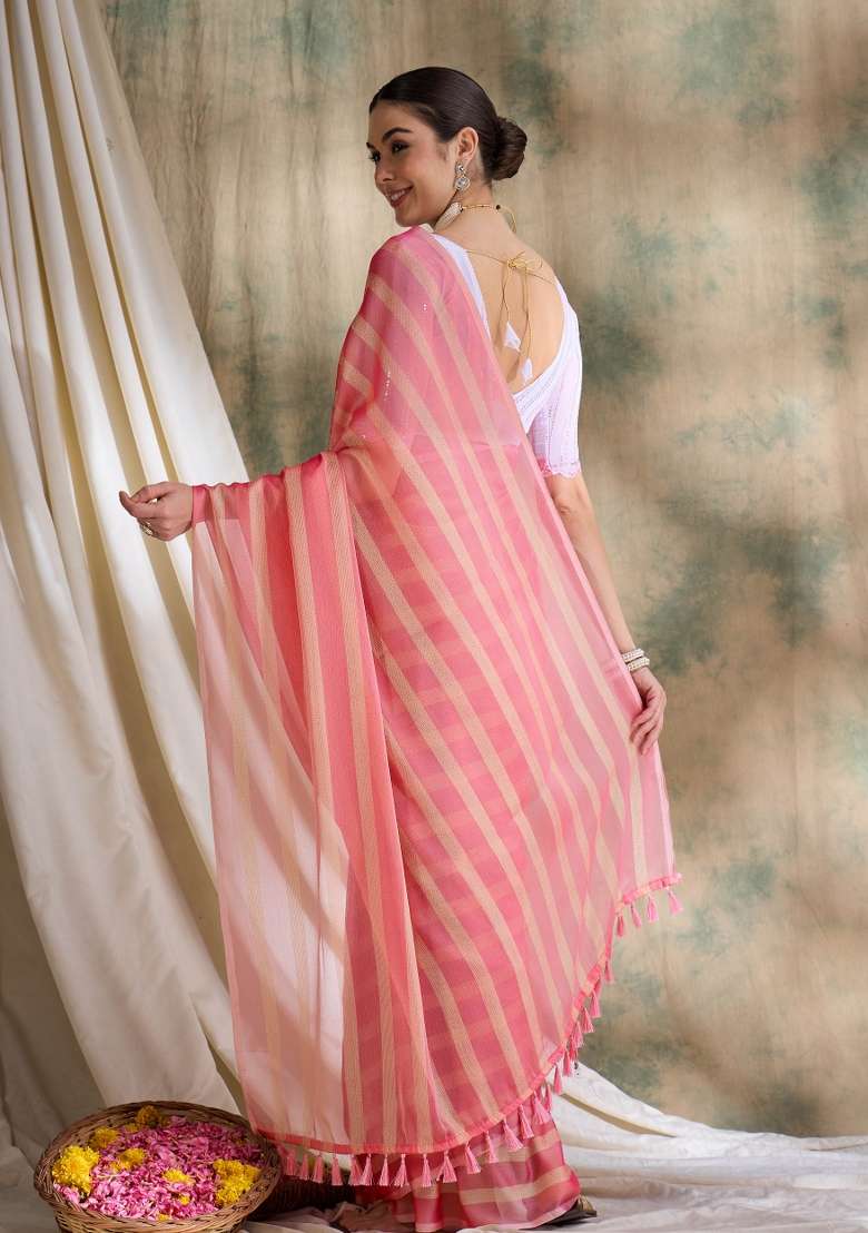 Peach Printed Silk Blend Saree Set - Indya