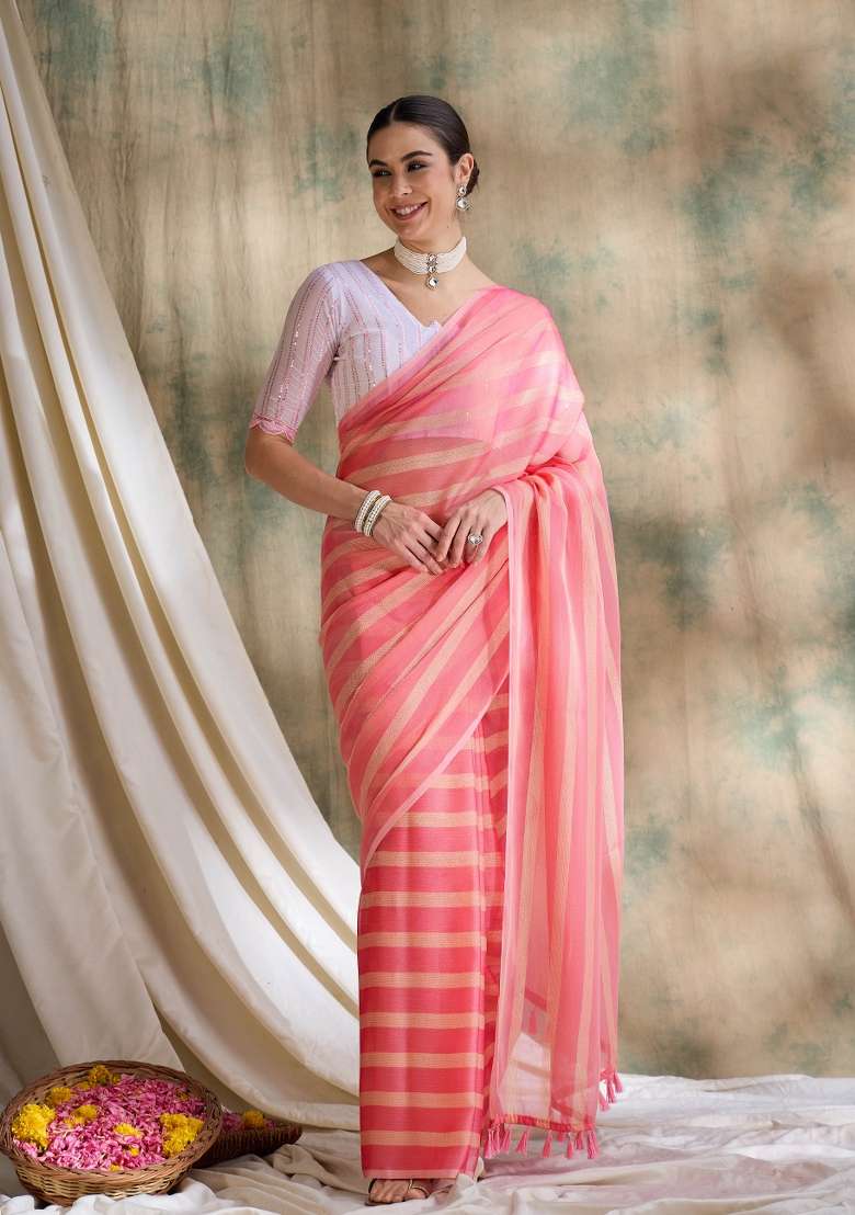 Peach Printed Silk Blend Saree Set - Indya