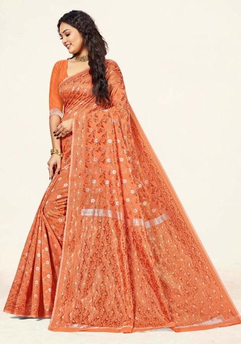 Peach Motif Cotton Saree Set