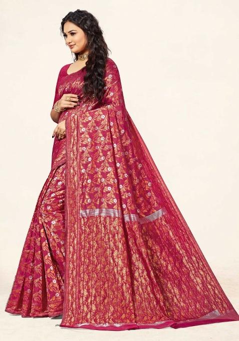 Burgundy Motif Cotton Saree Set